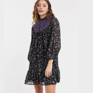 NEW  ASOS DESIGN shirred neck mini smock dress with pep hem in purple ditsy flor